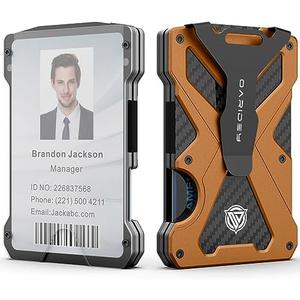 Minimalist Wallet for Men- Slim Aluminum Metal Money Clip Wallet with Clear ID Card Holder, Carbon Fiber Wallet, RFID Blocking,Holds up 15 Cards with Cash Clip,Ultra-Thin Tactical Wallet- Orange