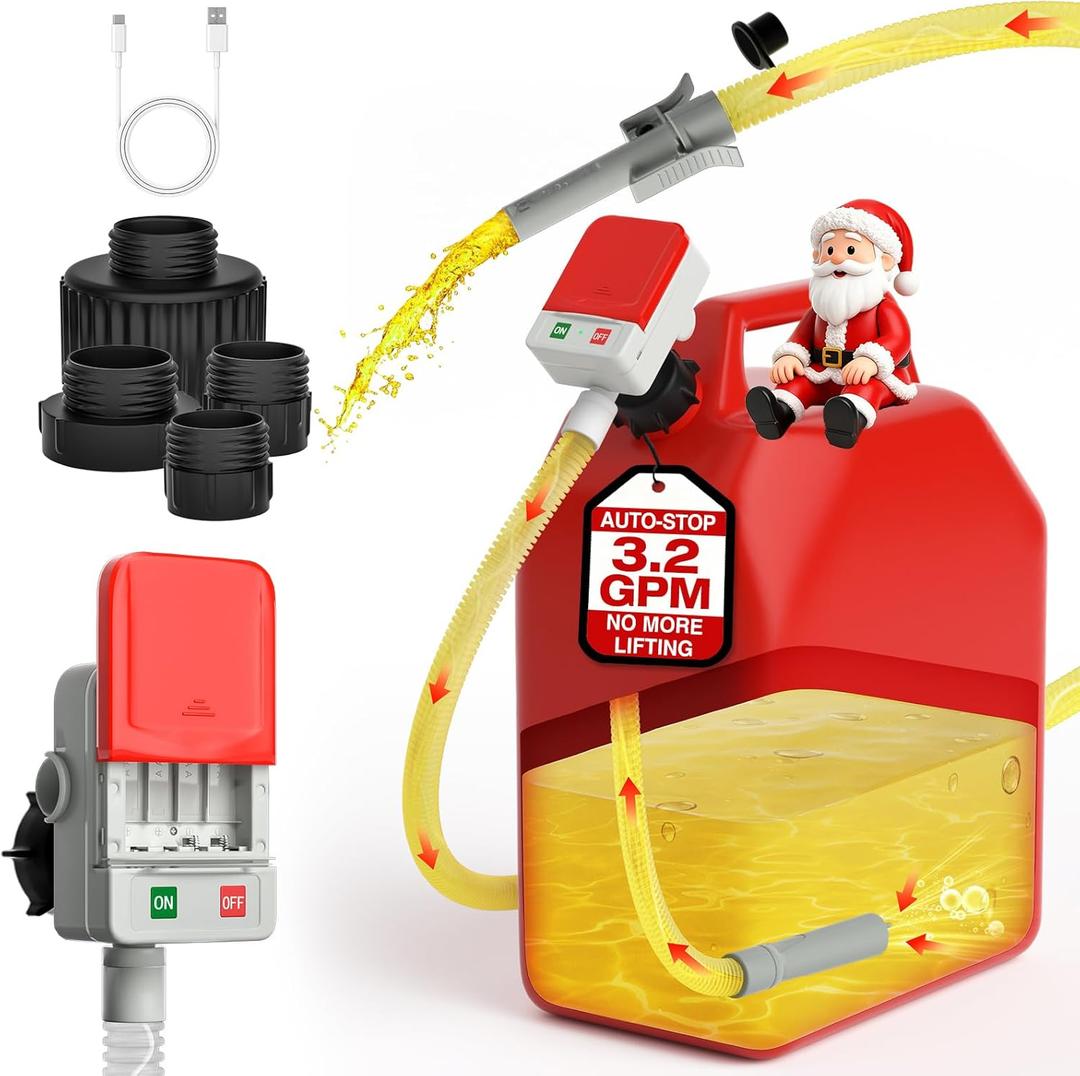 Portable Fuel Transfer Pump with Auto-Stop, 3.2 Gallons per Min, 51" Extra Long Hose, Battery & USB Powered, 4 Can Adapters, Leak-proof Gas Pump for Oil, Diesel and Gasoline