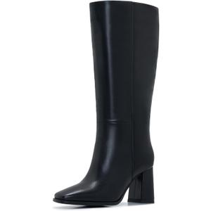 Knee-High Boots for Women - Wide Calf Boots with Zipper, Square Toe Tall Leather Boots, Chunky Heel Fashion Long Boots (Black)