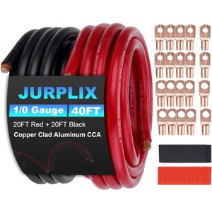 1/0 Gauge Wire 1/0 AWG Battery Cable (20FT Red+20FT Black), Copper Clad Aluminum CCA Amp Wiring Kit, Automotive Wire with Terminals Connectors, for Car Audio Speaker, Marine, RV Trailer