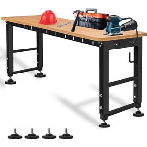48" Adjustable Workbench with Power Outlet, Work Table with Anti-Slip Foot Pad, 1500 LBS Rubber Wood Workstation for Garage, Workshop, Office, Home, 5 Level Heights Worktable, Easy Assembly