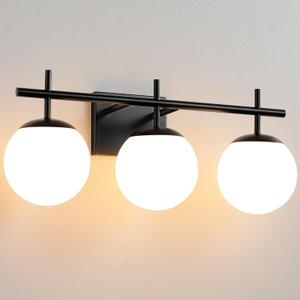Black Vanity Light, 3-Light Bathroom Fixture Over Mirror With Milky White Globe Glass Shade, Mid Century Lights for Bathroom 22.4 Inch Wall Sconce
