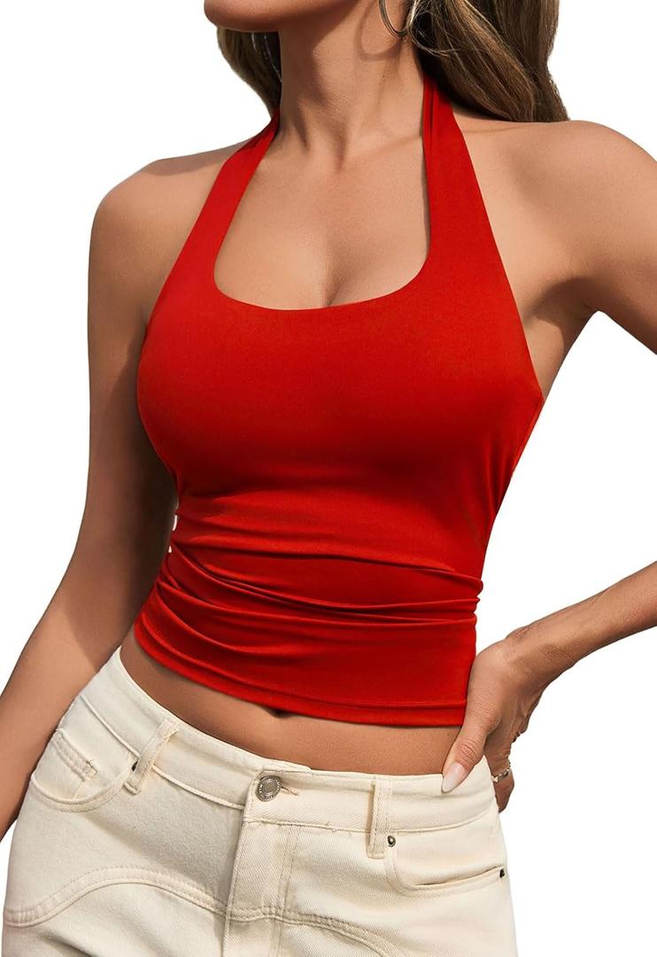 Womens Tank Tops Sexy Halter Neck Going Out Tops Summer 2025 Trendy Backless Workout Shirts Sleeveless Y2k Clothes (Medium, Red)