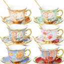 Tea Cups and Saucers, Tea Cup Set of 6, 8 OZ Floral Cups Porcelain Cup Set for Cappuccino, Coffee, Afternoon Tea Birthday Party Supply Housewarming Gift