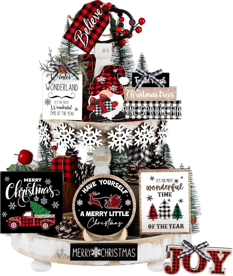 Dandat 15 Pcs Christmas Tiered Tray Decor - Red & Black Buffalo Plaid, Snowflake, Tree, Gnome, Truck - Wooden Signs - Farmhouse Christmas Decor for Home, Table, Shelf