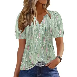 ETCYY Womens Shirts Dressy Casual Short Sleeve 2025 Summer Tops Spring V Neck Button Down Pleated Ladies Tunic Blouses (Large, Dewdrop Green)