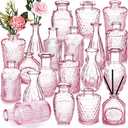 Inbagi 20 Pcs Glass Bud Vase Set - Pink Small Flower Vases Bulk, Vintage Embossed Decorative Bottles for Wedding Valentine Home Table Centerpieces Decor