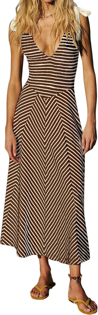 MISSACTIVER Striped Smocked Flowy Midi Dress for Women Summer Sleeveless V Neck Tie Straps Backless Beach Long Dresses (Small, Brown)