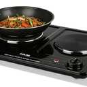 Double Burner Electric Hot Plate, 1800W Cast Iron Heating with Adjustable Temperature Control, Stainless Steel Body for Home, Dorm & Commercial Use