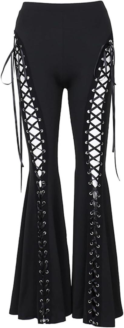 Y2k Bell Bottom Pants for Woman Gothic Black Lace-Up Cutout Stretch Punk (Large)
