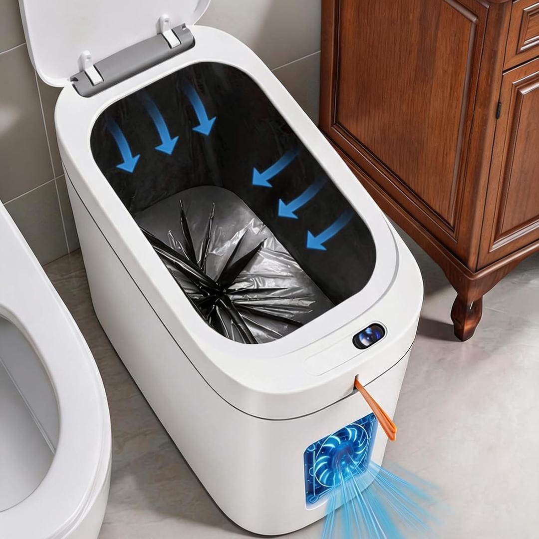 3.5 Gallon Automatic Bathroom Trash Can with Lid, Small Slim Smart Motion Sensor Garbage Bin with Auto Bag Suction & One-Pull Self Sealing, Touchless Waste Basket for Bedroom, Office, Kitchen, Rv