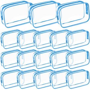 Saintrygo 18 Pack Clear Makeup Bags 7 x 5 PVC Cosmetic Bag Plastic Zippered Pouches Portable Toiletry for Women Men Travel Vacation Bathroom Organizing(Clear Color, Blue Border)