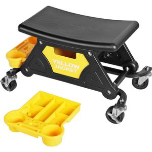 YELLOW JACKET Mechanic Stool with Wheels Rolling Stool Chair 300 lbs Capacity,Garage Mechanics Seat with Two Tool Trays and A Drawer Workshop Creeper Seat for Auto Repair Work