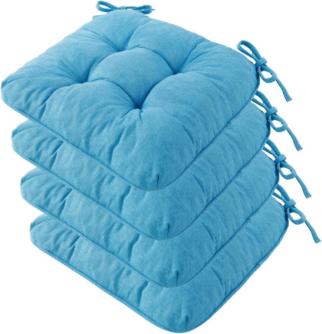 Chair Cushions for Dining Chairs, Tufted Foam Kitchen Chair, Non-Slip Seat Cushions with Ties Set of 4, 15.5" x 15.5" x 4", Light Blue
