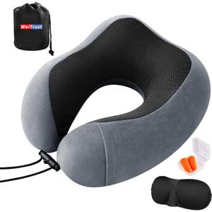 Airplane Pillow, Travel Neck Pillow with Memory Foam - Adjustable Buckle & Machine Washable Cover for Neck Support, Includes Eye Mask & Ear Plugs (Grey) (Gray)