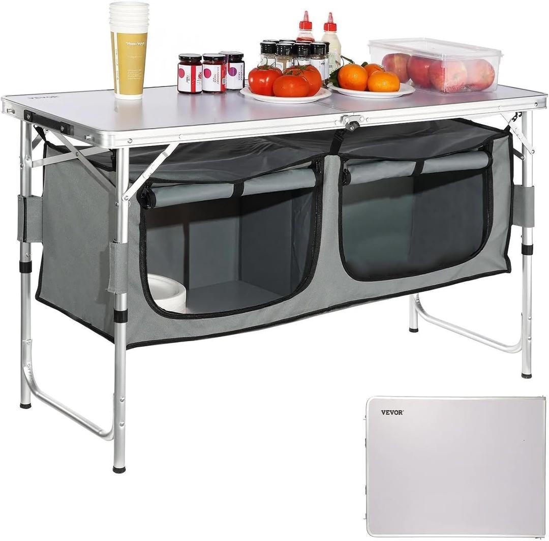 VEVOR Camping Kitchen Station, 3 Adjustable Height Folding Outdoor Camp Cooking Table with Storage Organizer, Quick Set-up for Patio BBQ Picnic Glamping Traveling, Quick Installation for Picnic Bbq Beach Traveling
