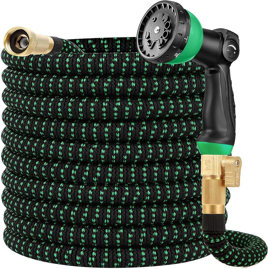 100 ft Expandable Garden Hose - Kink Free Flexible Water Hose with Thumb-Controlled 10-Function Nozzle, 3/4 Solid Brass Connectors, Retractable Latex Core - Lightweight Expanding Hose