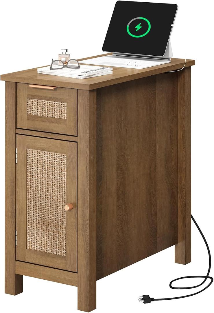 Narrow End Table with Charging Station - Midcentury Rattan Slim Side Table with USB Ports and Power Outlets, Nightstand with Flip Top and Storage Drawer, for Small Spaces Living Room Bedroom