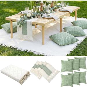Beeveer Extra Large Outdoor Boho Picnic Blanket 91'' x 71'' Green Table Runner 6 Throw Pillow Cover Woven Cotton Yarn Oversize Beach Blanket Washable for Picnic Camp Wedding