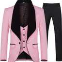 YFFUSHI Men's 3 Piece Suit Slim Fit Jacquard Tuxedo 1 Button Shawl Collar Blazer Vest & Pants for Wedding Formal Prom (Pink, L)