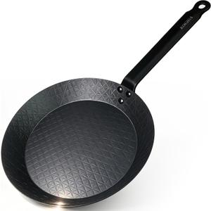 11 Inch Pre-Seasoned Carbon Steel Frying Pan, Naturally Non-Coated Skillet with Grooved Texture for Steak, Stir Fry, Tortilla, Crepe, All Stoves Compatible
