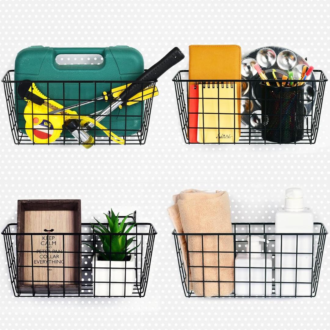 4 Pack Pegboard Baskets, Black Metal Shelves Hooks to 1/8" and 1/4" Hole Peg Boards, Peg Board Baskets Bins Set - Organize Tools Workbench Accessories Garage Storage Wall Mount Organizer Attachments
