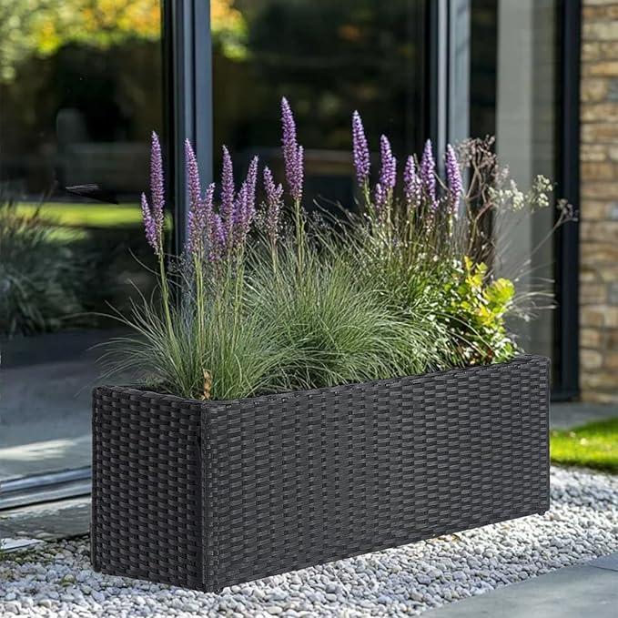 SUNNYPARK Brown Rectangular Planter Box All-Weather PE Rattan Large Modern Planters with Removable Liner Indoor Outdoor Decorative Flower Pot for Patio, Balcony, Garden