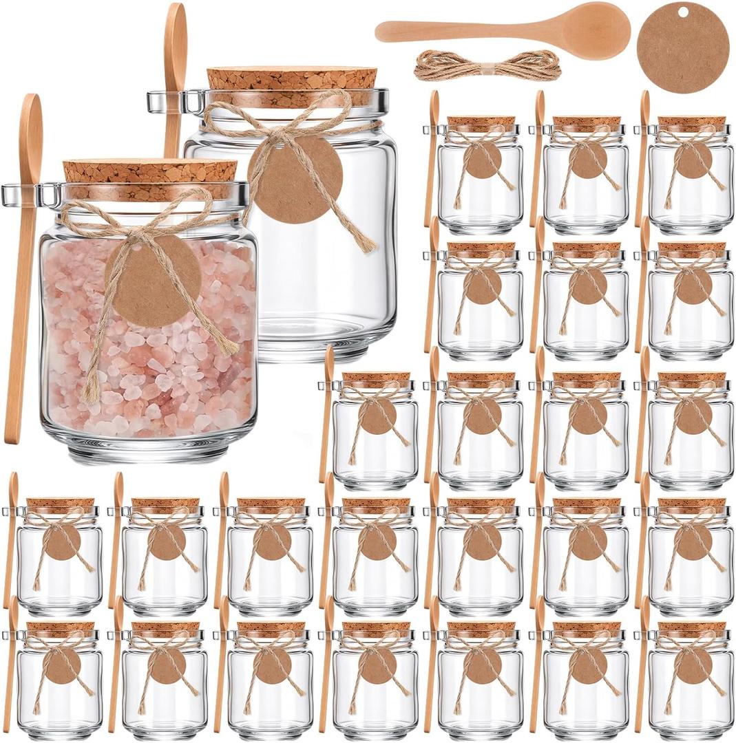 24 Pack Glass Sugar Scrubs Jars 8.5oz Bath Salt Container with Cork Lids Spice Containers with Bamboo Spoons Labels Twine, Honey Body Yogurt Tea Coffee Storage for DIY Gifts Kitchen Bathroom, 2.8 x 4 inches