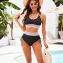 High Waisted Bikini Sets for Women Sporty Color Block Two Piece Bathing Suit Tummy Control Swimsuits Scoop Neck (Black, S)