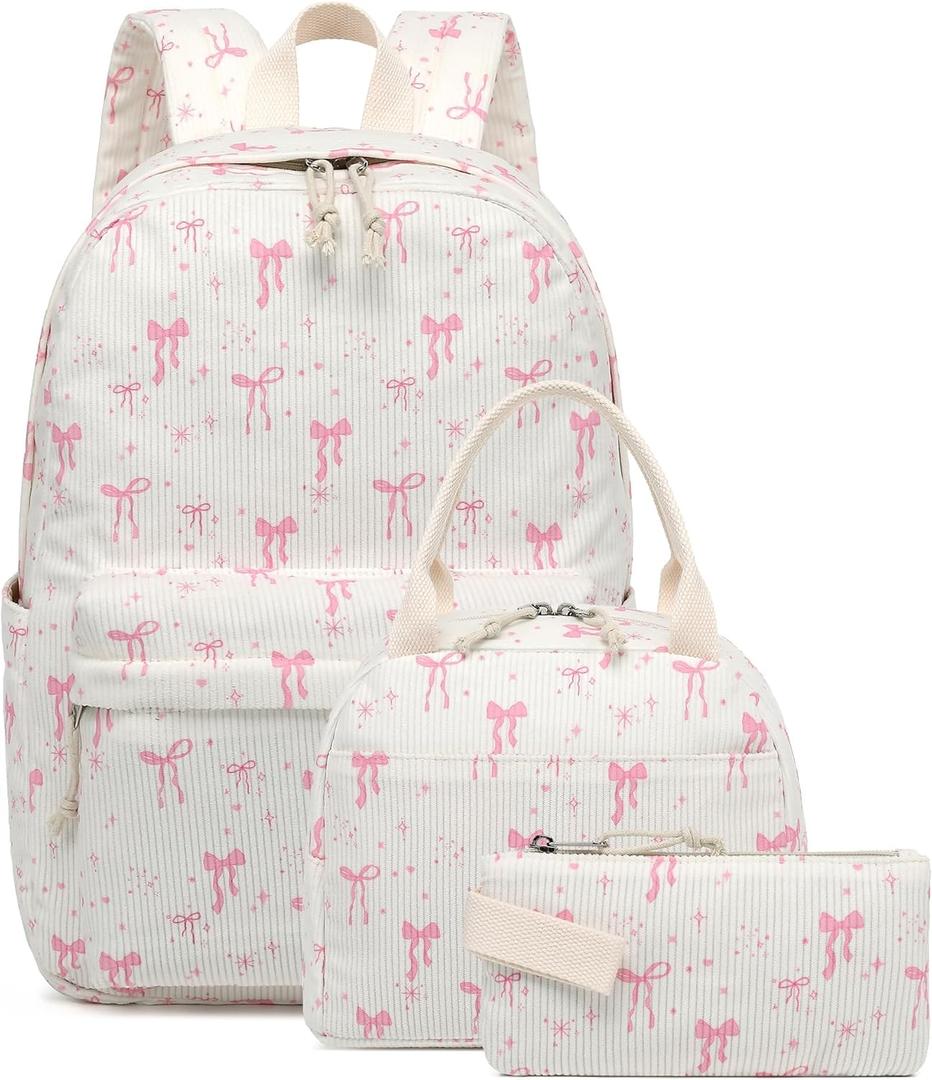 BTOOP School Backpack for Girls Kids Teens Cute School Bookbag Set with Insulated Lunch Box Pencil Case (A-pink Bow)