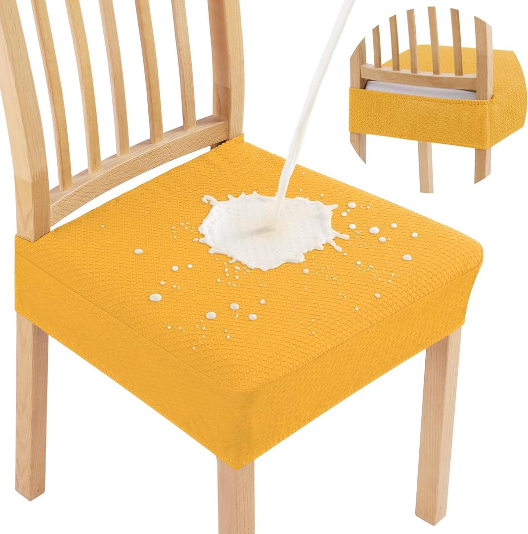 Smiry Waterproof Seat Covers for Dining Room Chairs Set of 4, Stretch Jacquard Removable Washable Chair Seat Slipcovers Protector, No Rear Covers, Mustard Yellow