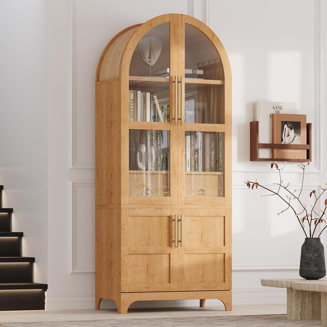 71" Farmhouse Kitchen Pantry Cabinet with Adjustable Shelves, Glass Door & Hidden Drawer, Arched Storage Cupboard for Dining Room (Natural)