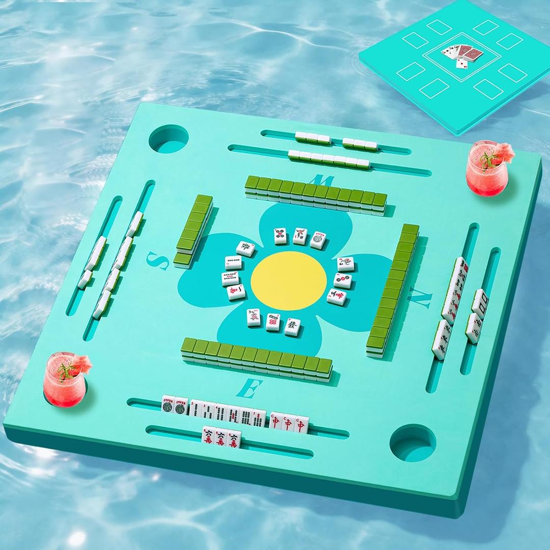 Floating Mahjong Table for Pool, Double-Sided Waterproof Game Tray with Cup Holders, EVA Floating Game Table for Pool, Pool Mahjong Table Floating for Mahjong, Poker, Cards, Dominoes & Scrabble
