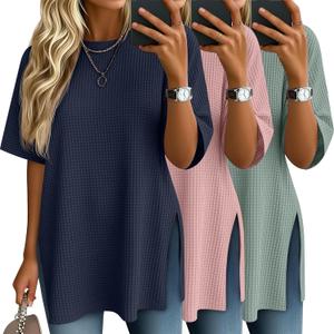 3 Pack Women's Oversized Waffle Knit Short Sleeve Tops Side Split Crewneck Loose Long T-Shirts Summer Casual Tees (XL)