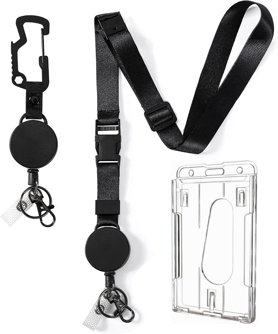 DELSWIN Heavy Duty Retractable Lanyard - Breakaway Lanyards for ID Badges Keys, Retractable Keychain with Upgraded Carabiner, Key Ring, and 2-Card Thumb-Slot Badge Holder, 8 oz Retraction (Matte Black)