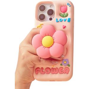 Cute 3D Flower Phone Case for iPhone 13 Pro Max - Retractable Stand & Grip with Floral Design - Girly Aesthetic Kawaii Soft Silicone Phone Cover for Women, Girls, Kids and Teens, Pink