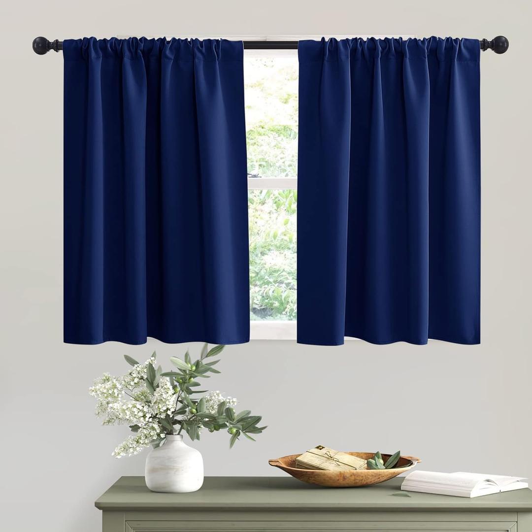 RYB HOME Short Marine Blue Blackout Curtains for Small Bedroom Window, Insulating UV Blocking Drapes for Kitchen Cafe Basement, Privacy Tiers for Bathroom Window, Width 42 by Length 36, Set of 2