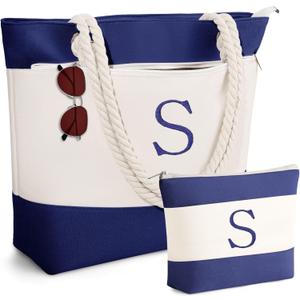 YOOLIFE Beach Bags for Women - Initial Canvas Waterproof Beach Tote Bag, Mothers Day Gifts for Women Mom Wife Friend (Navy Blue)