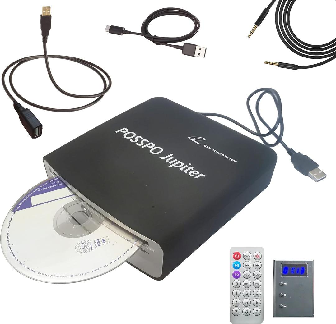 POSSPO Jupiter USB CD Player for Car Auto, Portable External CD DVD Player, USB Plug & Play (No Decoder Needed), AUX Uses Decoder for Louder Clearer Sound, AntiSkip, Seamless Track Playback, Resume