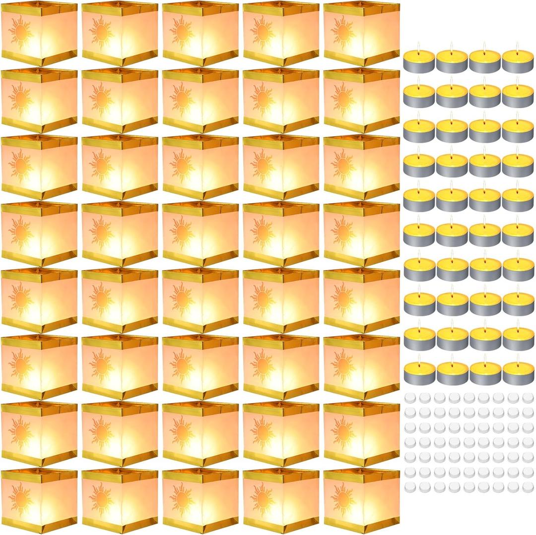 Cunno 144 Pcs Square Memorial Lanterns Set Paper Tangled Lanterns Sun Pattern Chinese Wishing Lights with Tea Candles and Adhesive Pads for Praying Pool Blessing Wedding