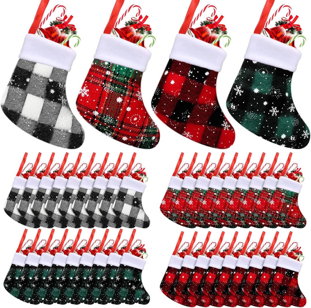 Seematn 100 Pcs Mini Christmas Stockings Buffalo Plaid Snowflake Stockings with Plush Cuff Christmas Socks Bulk for Christmas Tree Hanging Ornaments Xmas Table Dinnerware Decor
