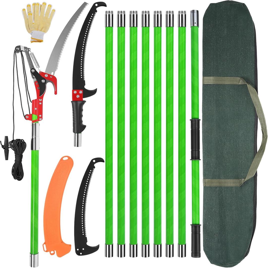 30 Ft Manual Pole Saw, Extendable Tree Pruner Blade and Scissors Set with 9 Fiberglass Handles, Long Branch Pruner Retractable for Backyard and Garden, Bush Cutting and Pruning of Palm Trees (30 FT With Scissors)