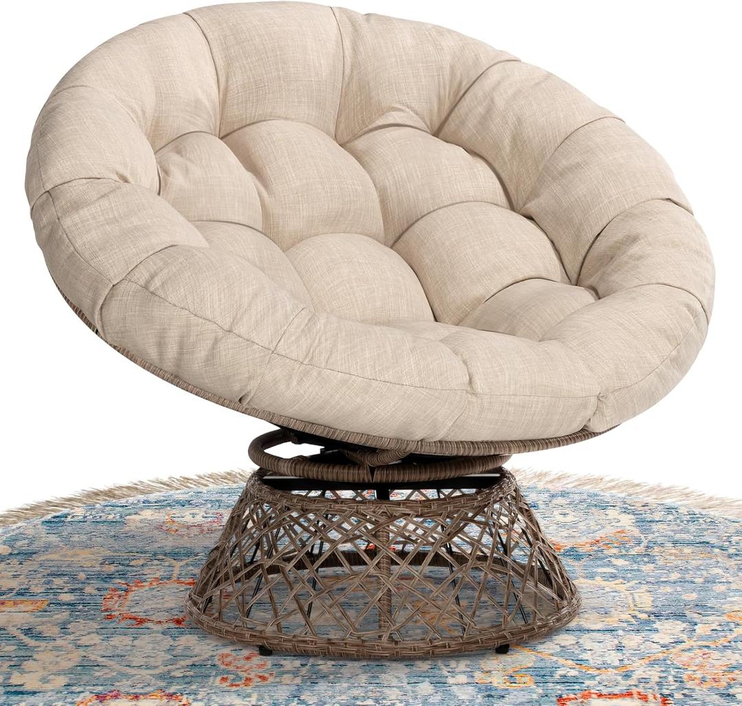 Bme 40" Ergonomic Wicker Papasan Chair with Soft Thick Density Fabric Cushion, High Capacity Steel Frame, 360 Degree Swivel for Living, Bedroom, Reading Room, Lounge, Sepia Sand - Brown Base (Sephia Sand - Brown Base)