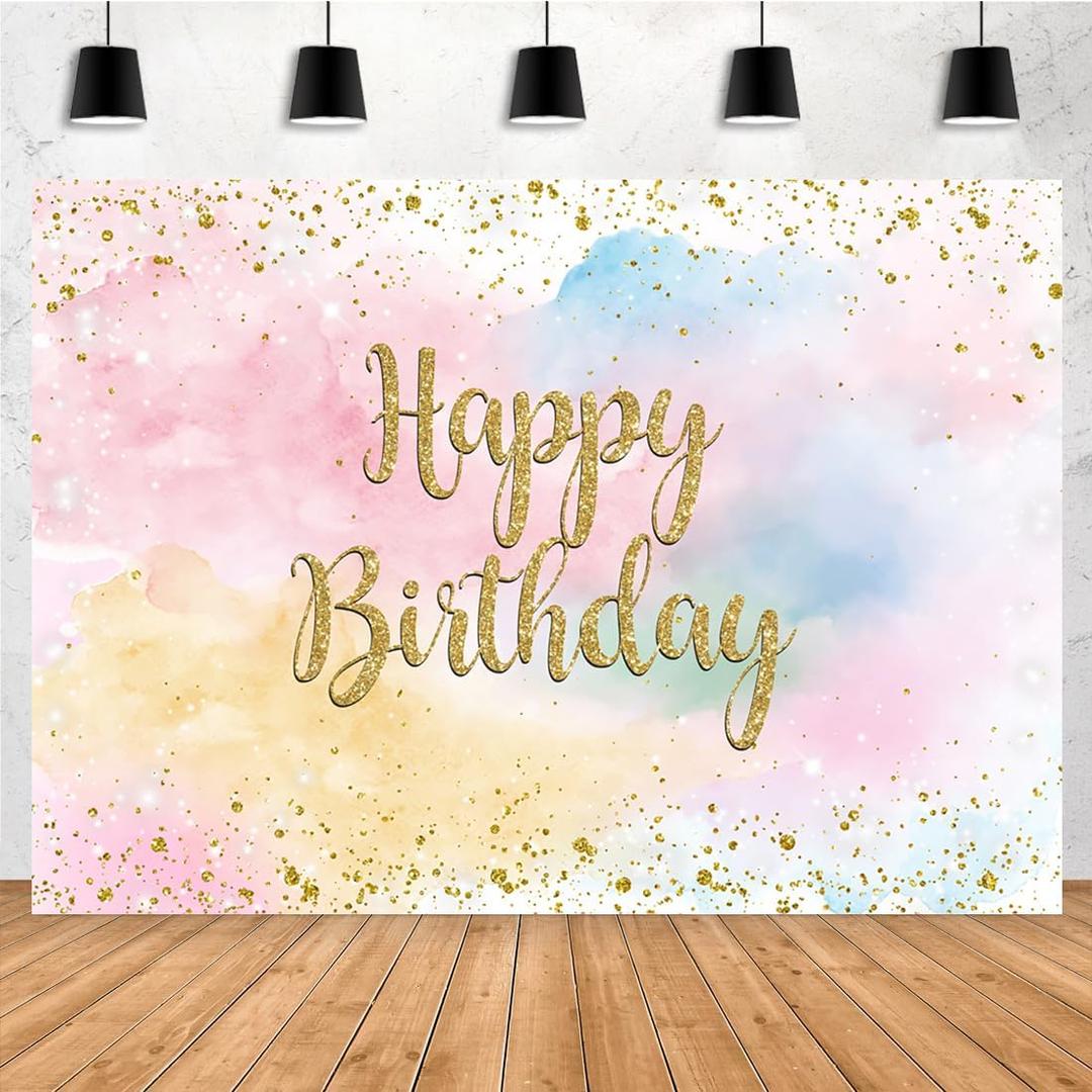 Aperturee Pastel Rainbow Cloud Happy Birthday Backdrop for Girls Women 6x4ft Glitter Gold Dots Sweet 16 18th 21st Bday Photography Background Party Decoration Banner Cake Table Supplies Photo Booth