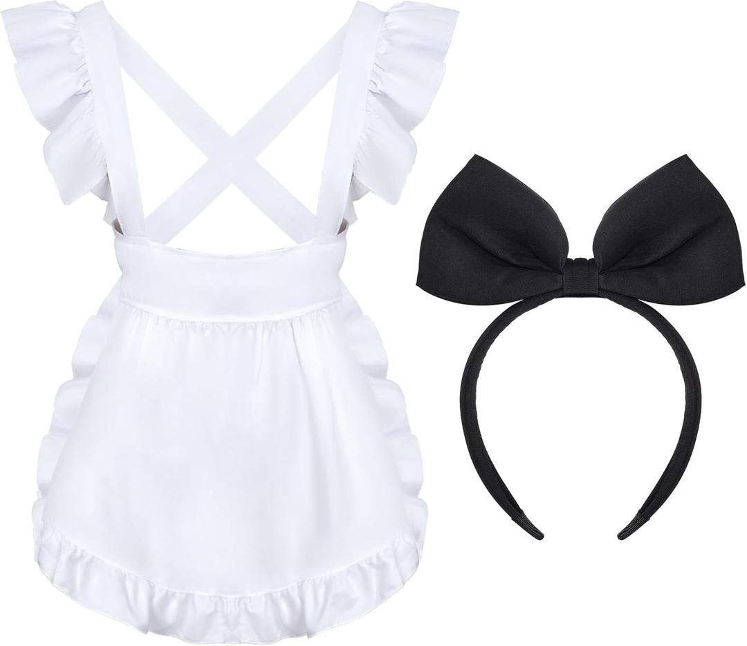 2pcs Maid Costume Including Ruffle Maid Apron Bow Headband for Cottagecore Halloween Cosplay Party