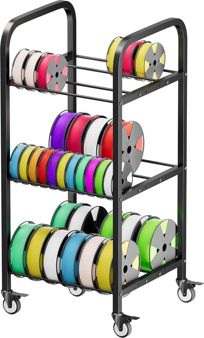 3-Tier 3D Printer Filament Storage Rack with Wheels, Rolling Spool Holder Stand Cart, Holds up to 361kg Spools, Heavy Duty Metal Filaments Organizer Shelf for Printing Studio Office Workshop (Black)