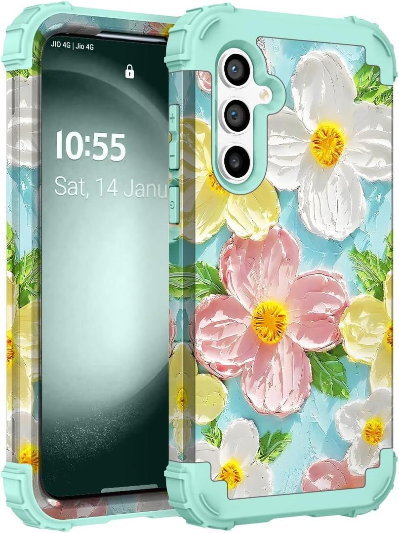 Galaxy S23 FE Case,3 in 1 Oil Painting Flower Pattern Heavy Duty Shockproof Protection Silicone Rubber Bumper+Hard Plastic Hybrid Protective Cover for Samsung S23 FE 6.4",Green Flower