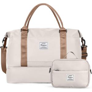 Travel Duffel Bag with Shoes Compartment, Overnight Weekender Bags for Women, Carry on Personal Item Travel Set (Extra Large, Beige & Brown)