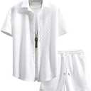 GORGLITTER Men's 2 Piece Outfits Waffle Knit Button Down Shirt Top and Shorts Small