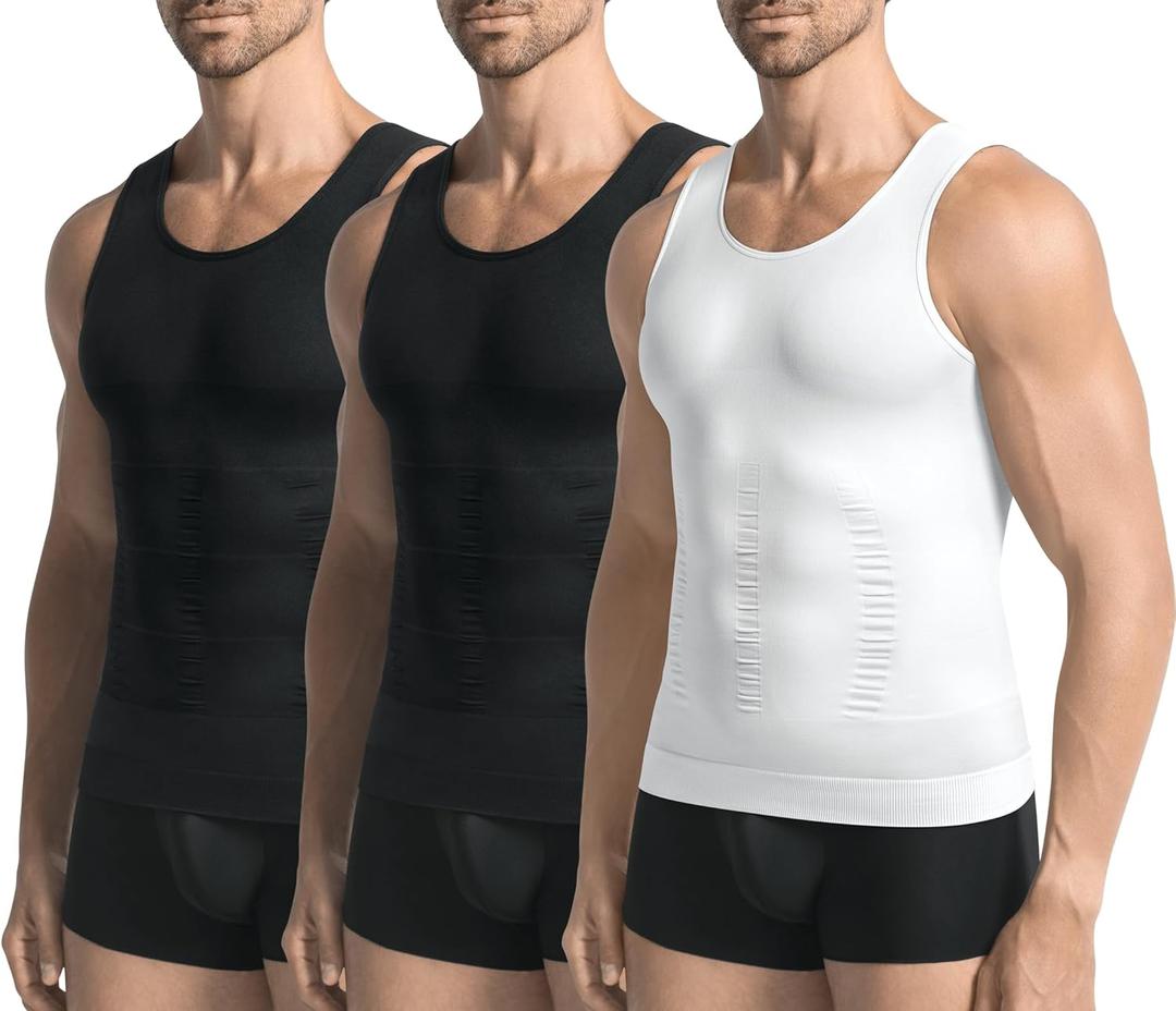 3 Pack Compression Shirt Men Slimming Body Shaper Tummy Control Vest Workout Tank Top Shapewear (Large, 3-black/Black/White)